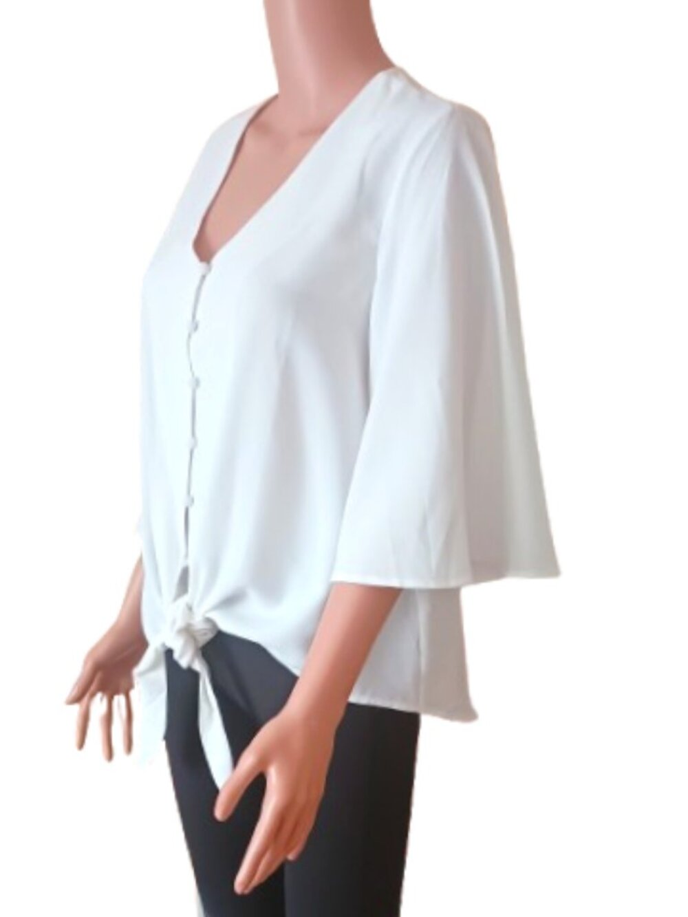 White Button Down Tie Front Blouse S Women's V Neck Flare Short Sleeve Top